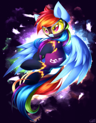 Size: 3650x4700 | Tagged: safe, artist:kaleido-art, rainbow dash, pegasus, pony, g4, absurd resolution, clothes, costume, female, mare, shadowbolt dash, shadowbolts costume, smiling, solo