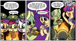 Size: 865x471 | Tagged: safe, artist:agnesgarbowska, idw, official comic, apple bloom, aunt holiday, auntie lofty, scootaloo, sweetie belle, g4, my little pony: ponyville mysteries, spoiler:comic, spoiler:comicponyvillemysteries3, alternate design, campfire, chocolate, clapping, dialogue, filly guides, food, prickly pear