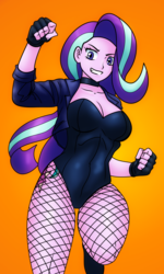 Size: 1000x1667 | Tagged: safe, artist:johnjoseco, color edit, colorist:ironhades, edit, starlight glimmer, equestria girls, g4, black canary, breasts, busty starlight glimmer, choker, clothes, colored, costume, cutie mark on equestria girl, equestria girls-ified, female, fishnet pantyhose, gloves, gradient background, grin, jacket, leotard, orange background, simple background, smiling, solo
