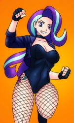 Size: 1000x1667 | Tagged: safe, artist:johnjoseco, color edit, colorist:ironhades, edit, starlight glimmer, human, g4, black canary, breasts, busty starlight glimmer, clothes, colored, costume, cutie mark on human, female, fishnet pantyhose, gradient background, humanized, jacket, leotard, orange background, simple background, solo
