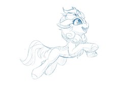Size: 2048x1534 | Tagged: safe, artist:draconidsmxz, autumn blaze, kirin, g4, sounds of silence, cloven hooves, female, floppy ears, jumping, lineart, monochrome, open mouth, simple background, sketch, smiling, solo, traditional art, white background