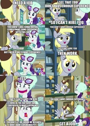 Size: 2376x3340 | Tagged: safe, edit, edited screencap, screencap, berry punch, berryshine, derpy hooves, pokey pierce, rarity, pegasus, pony, unicorn, best gift ever, g4, accurate, angry, angry face, boop, capitalism in the comments, caption, catch 22, clothes, comic, communism in the comments, glasses, gloves, grammar error, hat, high res, image macro, job, loop, meme, nervous smile, noseboop, paradox, post office, real life dilemma, real life scenery, sad but true, screencap comic, smiling, text, the truth, work