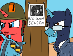 Size: 1578x1228 | Tagged: safe, artist:eagc7, oc, oc:ink rose, oc:jasper pie, oc:thespio, pony, tf2 analysis anarchy, looney tunes, male, parody, poster, stallion