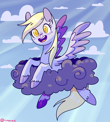 Size: 1300x1443 | Tagged: safe, artist:1racat, derpy hooves, pegasus, pony, g4, cloud, colored hooves, colored pupils, crepuscular rays, female, mare, sky, smiling, solo, unshorn fetlocks