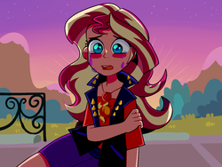 Size: 1600x1200 | Tagged: safe, artist:1racat, sunset shimmer, equestria girls, equestria girls series, forgotten friendship, g4, clothes, crying, cute, female, geode of empathy, human coloration, jacket, magical geodes, parking lot, sad, sadorable, solo, sunset, teary eyes, twilight (astronomy)