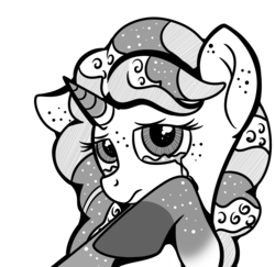Size: 2260x2200 | Tagged: safe, artist:rainbowtashie, oc, oc only, oc:pink pepper, pony, bust, crying, high res, monochrome, raised hoof, shy, simple background, solo, white background