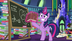 Size: 1280x720 | Tagged: safe, screencap, twilight sparkle, alicorn, pony, g4, my little pony best gift ever, adorkable, book, chalkboard, cute, dork, female, levitation, magic, mare, smiling, solo, telekinesis, twilight sparkle (alicorn)