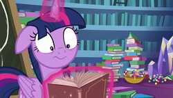 Size: 1280x720 | Tagged: safe, screencap, twilight sparkle, alicorn, pony, g4, my little pony best gift ever, book, bookshelf, candy, candy cane, chalkboard, female, floppy ears, food, shocked, solo, twilight sparkle (alicorn)