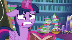 Size: 1280x720 | Tagged: safe, screencap, twilight sparkle, alicorn, pony, g4, my little pony best gift ever, book, bookshelf, candy, candy cane, chalkboard, female, floppy ears, food, glowing horn, horn, levitation, magic, solo, telekinesis, twilight sparkle (alicorn), worried