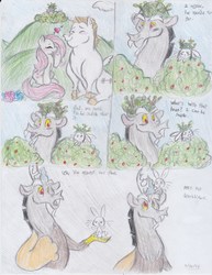 Size: 2550x3300 | Tagged: safe, artist:lacedra, angel bunny, bulk biceps, discord, fluttershy, g4, comic, female, high res, jealous, male, ship:flutterbulk, shipping, straight, traditional art