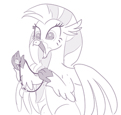 Size: 1048x995 | Tagged: safe, artist:sintakhra, silverstream, classical hippogriff, hippogriff, tumblr:studentsix, g4, claw hold, cute, diastreamies, excited, female, grayscale, irrational exuberance, jewelry, keychain, monochrome, necklace, open mouth, quadrupedal, simple background, smiling, solo, stair keychain, stairs, starry eyes, that hippogriff sure does love stairs, tongue out, white background, wingding eyes