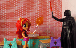 Size: 608x386 | Tagged: safe, artist:whatthehell!?, sunset shimmer, equestria girls, equestria girls series, g4, animated, balloon, boots, chair, classroom, clothes, darth vader, desk, doll, equestria girls minis, eqventures of the minis, fight, gif, globe, irl, lightsaber, photo, school, shoes, skirt, star wars, stop motion, sword, the force, theme park, toy, weapon
