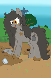 Size: 912x1393 | Tagged: safe, artist:scraggleman, oc, oc only, oc:trash, earth pony, pony, chest fluff, dirty, female, mare, messy mane, solo, toaster, tree