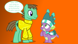 Size: 1280x720 | Tagged: safe, spike, oc, oc:ian, dragon, g4, clothes, dialogue, hat, rhyme, scarf, speech bubble, sweater, text, winged spike, wings