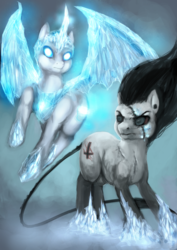 Size: 900x1273 | Tagged: safe, artist:elkaart, oc, oc only, oc:frightmare frost, oc:ronei, alicorn, demon pony, pony, abstract background, alicorn oc, cutie mark, duo, female, flying, frown, glowing eyes, glowing horn, horn, ice, long tail, male, mare, scar, spread wings, stallion, wings
