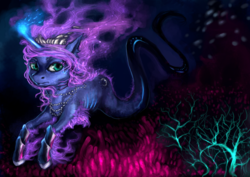 Size: 1280x905 | Tagged: safe, artist:elkaart, princess luna, alicorn, fish, merpony, seapony (g4), g4, bioluminescent, blue mane, bubble, colored pupils, coral, crepuscular rays, crown, digital art, dorsal fin, ear fluff, ethereal mane, female, fin, fins, fish tail, gills, glowing horn, green eyes, hoof shoes, horn, jewelry, looking at you, magic, mare, necklace, ocean, pearl necklace, peytral, princess shoes, regalia, scales, seaponified, seapony luna, seaweed, solo, sparkles, species swap, starry mane, stars, sunlight, swimming, tail, underwater, water