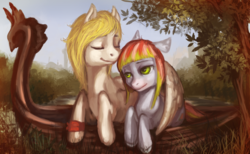 Size: 1024x632 | Tagged: safe, artist:elkaart, oc, oc only, oc:melon drop, earth pony, pegasus, pony, boat, cuddling, eyes closed, female, hug, male, mare, oc x oc, shipping, stallion, winghug