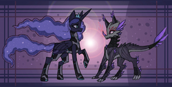 Size: 3000x1523 | Tagged: safe, artist:raptor007, princess luna, alicorn, dragon, original species, pony, g4, armor, cyberpunk