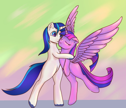 Size: 2369x2042 | Tagged: safe, artist:stratodraw, shining armor, twilight sparkle, alicorn, pony, unicorn, g4, bipedal, brother and sister, eyes closed, female, high res, hug, male, mare, missing cutie mark, siblings, smiling, stallion, twilight sparkle (alicorn)