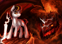 Size: 1024x724 | Tagged: safe, artist:elkaart, oc, oc only, oc:indifference, dragon, earth pony, pony, female, fire, mare, smoke, sword, weapon