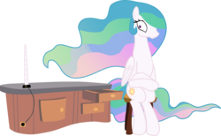 Size: 2923x1798 | Tagged: safe, artist:cloudy glow, artist:sunshi, edit, edited edit, editor:slayerbvc, vector edit, princess celestia, alicorn, pony, g4, accessory-less edit, bare hooves, charger, charging, crossed legs, detachable horn, female, horn, looking away, mare, missing accessory, modular, sitlestia, sitting, solo, stool, vector, worried