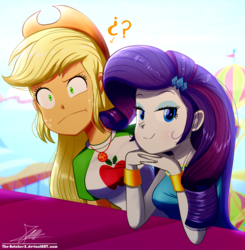 Size: 1000x1020 | Tagged: safe, artist:the-butch-x, applejack, rarity, equestria girls, equestria girls specials, g4, my little pony equestria girls: better together, my little pony equestria girls: rollercoaster of friendship, cowboy hat, cute, duo, female, geode of super strength, hat, jackabetes, lesbian, magical geodes, question mark, raribetes, ship:rarijack, shipping, signature, stetson