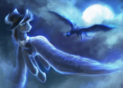 Size: 1273x913 | Tagged: safe, artist:elkaart, oc, oc only, dragon, pegasus, pony, clothes, cloud, commission, flying, hat, looking back, male, moon, shirt, stallion