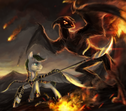 Size: 943x828 | Tagged: safe, artist:elkaart, oc, oc only, demon, pegasus, pony, armor, commission, fight, fire, glaive, male, naginata, smoke, stallion, volcano, weapon