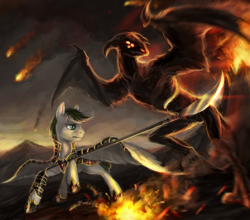 Size: 943x828 | Tagged: safe, artist:elkaart, oc, oc only, demon, pegasus, pony, armor, commission, fight, fire, glaive, guandao, male, smoke, stallion, volcano, weapon