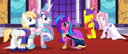 Size: 14540x6084 | Tagged: safe, artist:asika-aida, princess flurry heart, oc, oc:melody aurora, oc:mistral violet, oc:orion galaxy, oc:paladin knight, alicorn, pony, g4, absurd resolution, adult, alicorn oc, blushing, brother and sister, clothes, colored wings, cousins, cute, dress, eyes closed, family bonding, female, happy, male, not prince blueblood, not shipping, ocbetes, offspring, older, older flurry heart, parent:flash sentry, parent:princess cadance, parent:shining armor, parent:twilight sparkle, parents:flashlight, parents:shiningcadance, raised hoof, royalty, siblings, signature, smiling