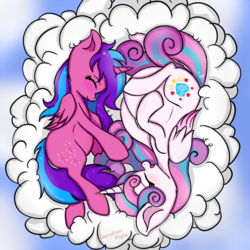 Size: 1000x1000 | Tagged: safe, artist:gardianripu, princess flurry heart, oc, oc:melody aurora, alicorn, pony, g4, adult, alicorn oc, blushing, bonding, cloud, cousins, cute, duo, duo female, eyes closed, female, flurrybetes, from above, happy, hoof on belly, lying, lying on a cloud, multiple pregnancy, ocbetes, offspring, older, older flurry heart, parent:flash sentry, parent:twilight sparkle, parents:flashlight, pregnant, signature, smiling