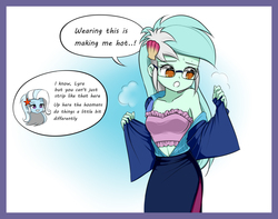 Size: 1272x1000 | Tagged: safe, artist:twilite-sparkleplz, lyra heartstrings, principal abacus cinch, trixie, sunset's fantastic fishing, equestria girls, g4, belly button, breasts, clothes, clothes swap, cosplay, costume, dialogue, female, female focus, glasses, sharp teeth, simple background, solo focus, sweat, teeth, undressing