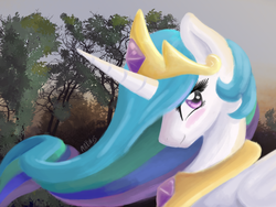 Size: 1024x768 | Tagged: safe, artist:maximus, princess celestia, alicorn, pony, g4, blushing, bust, crown, female, jewelry, mare, peytral, portrait, regalia, smiling, solo, tree