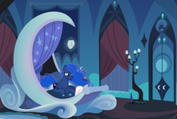 Size: 5757x3872 | Tagged: safe, artist:boneswolbach, artist:wintersarts, edit, edited edit, editor:slayerbvc, princess luna, alicorn, pony, g4, absurd resolution, accessory-less edit, bed, bedroom, charger, charging, detachable horn, female, horn, looking down, luna's room, magazine, mare, missing accessory, modular, prone, reading, solo, wat