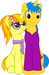 Size: 488x737 | Tagged: safe, artist:haybale100, oc, oc only, oc:code sketch, oc:nenenyaa, pony, unicorn, 2019 community collab, derpibooru community collaboration, .svg available, clothes, cutie mark, duo, female, glasses, hair accessory, hoodie, male, mare, scarf, simple background, stallion, transparent background, vector