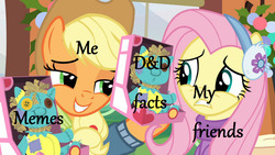 Size: 1280x720 | Tagged: safe, edit, edited screencap, screencap, applejack, fluttershy, holly the hearths warmer doll, earth pony, pegasus, pony, g4, my little pony best gift ever, dungeons and dragons, female, mare, meme, pen and paper rpg, rpg