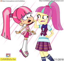 Size: 3099x2972 | Tagged: safe, artist:conikiblasu-fan, sour sweet, equestria girls, g4, angry, bare shoulders, bowtie, clothes, crystal prep academy uniform, ear piercing, earring, female, freckles, high res, jewelry, luna loud, piercing, plaid skirt, pleated skirt, ponytail, school uniform, skirt, sleeveless, strapless, the loud house, tlh hater, vest