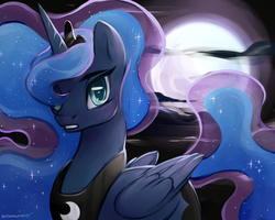 Size: 4000x3200 | Tagged: safe, artist:kodabomb, princess luna, alicorn, pony, g4, crown, female, full moon, high res, jewelry, looking at you, moon, night, regalia, solo