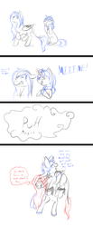 Size: 808x1964 | Tagged: safe, artist:aledera, oc, oc:evening star, oc:star wish, pegasus, pony, unicorn, bondage, cleave gag, cloth gag, comic, female, gag, mare, monochrome, partial color, rule 63, starry eyes, tied up, transformation, transgender transformation, wingding eyes