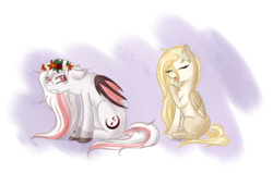 Size: 1412x900 | Tagged: safe, artist:aledera, oc, oc only, oc:healing wish, oc:vladimir, bat pony, pony, female, floral head wreath, flower, laughing, male, mare, stallion