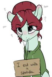 Size: 2249x3297 | Tagged: safe, artist:cold blight, oc, oc only, oc:taffeta, pony, unicorn, blushing, clothes, cute, ear blush, female, high res, mare, mouth hold, pony shaming, sign, simple background, solo, sweater, transparent background