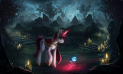 Size: 1920x1152 | Tagged: safe, artist:l1nkoln, oc, oc only, pony, unicorn, candle, commission, female, fire, flower, glowing horn, grass, horn, looking down, magic, mare, smiling, solo, tree