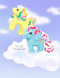 Size: 600x777 | Tagged: safe, artist:z1ar0, ringlet, sugar apple, pegasus, pony, g1, bow, candy cane pony, cloud, duo, flying, rainbow curl pony, tail bow