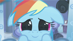 Size: 3384x1885 | Tagged: safe, rainbow dash, pony, eye, eye reflection, eyes, floppy ears, looking at mirror, looking at you, mirror, offscreen character, pov, rainbow dash's bedroom, recursion, reflection, smiling