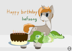 Size: 3508x2480 | Tagged: safe, artist:expression2, oc, oc:itu, oc:lief, birthday, cake, candle, food, high res, plushie, simple background