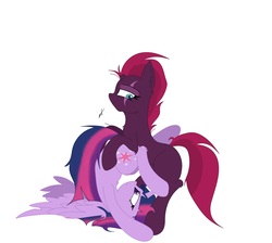 Size: 2396x2148 | Tagged: safe, artist:groomlake, fizzlepop berrytwist, tempest shadow, twilight sparkle, alicorn, pony, unicorn, g4, colored, female, funny, high res, hug, legs in air, lesbian, love, mare, misleading thumbnail, playing, ship:tempestlight, shipping, simple background, twilight sparkle (alicorn), upside down, white background