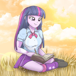 Size: 2952x2952 | Tagged: safe, artist:sumin6301, twilight sparkle, equestria girls, g4, adorkable, book, clothes, cloud, cute, dork, drawing, female, grass, high res, leg warmers, legs, miniskirt, pencil, pleated skirt, shirt, shoes, sitting, skirt, sky, smiling, solo