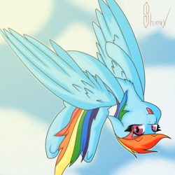 Size: 3000x3000 | Tagged: safe, artist:shinxx24, rainbow dash, pegasus, pony, g4, backflip, female, flying, high res, solo, tongue out, underhoof