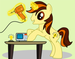 Size: 4133x3232 | Tagged: safe, artist:light bulb, oc, oc only, oc:lightbulb, pony, unicorn, brown eyes, brown hair, electronics, first picture, green background, lightbulb, male, oscilloscope, simple background, soldering iron, solo, stallion, table, two toned hair, yellow
