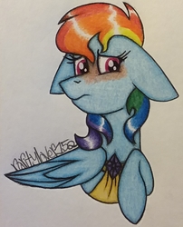 Size: 1116x1381 | Tagged: safe, artist:raritylover152, rainbow dash, pony, g4, blushing, clothes, dress, female, floppy ears, gala dress, simple background, solo, traditional art, white background
